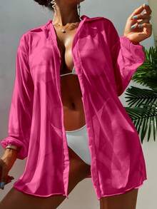 1pc Solid Color Sheer Casual Beach Vacation Cover-Up, Summer New Party Wear - Hot Pink - View 1