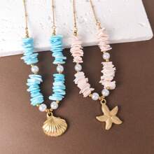 1pc Stainless Steel Gold-Color Chain Natural Stone Beaded Necklace, Suitable For Women Traveling And Vacation Wear
