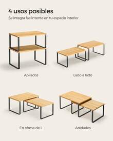 Estante para Especias, Juego de 2, Organizador de Armario, Estante de Almacenamiento de Cocina Extensible, Especiero de Metal y Madera de Ingeniería, 19,5 x 29,7 x 15,8/19,5 x 39,7 x 15,8 cm, Negro Tinta y Beige Natural, Vuelta al Cole - Caqui - Ver 4