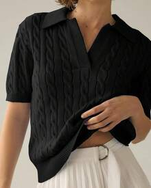 Women's Short Sleeve Sweaters Tops Solid Lapel Knit Casual Soft Pullover Shirt - Đỏ - Xem 4