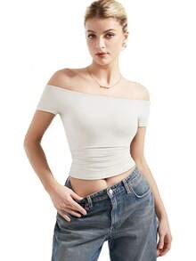 Tops de hombros descubiertos con doble línea para mujer, camisas básicas ajustadas para salir - PERLA - Ver 2