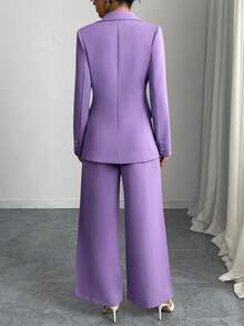 Elegant Notched Collar Single-Breasted Suit Jacket And Wide-Leg Pants Set - Mauve Purple - View 4