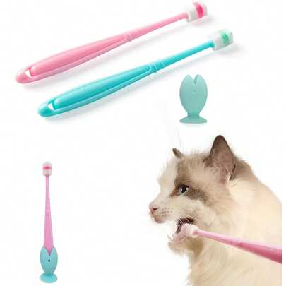 3pcs Small Dog & Cat Toothbrush 360 Degree Soft Silicone, Cat Dental Care, Toothbrush Holder, Easy To Handle, Extra Suction Cup, Light Blue&Light Pink