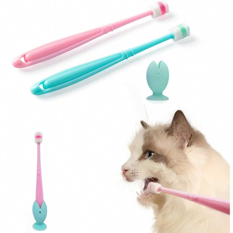 3pcs Small Dog & Cat Toothbrush 360 Degree Soft Silicone, Cat Dental Care, Toothbrush Holder, Easy To Handle, Extra Suction Cup, Light Blue&Light Pink - Multicolor - View 1