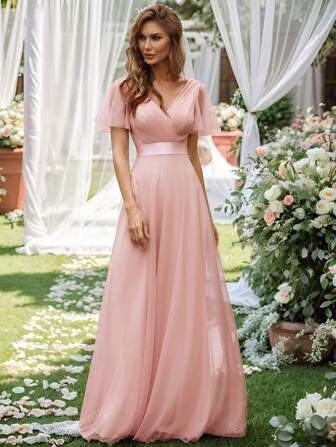 EVERPRETTY Romantische V-hals Maxi A-lijn Tule Roze Bruidsmeisjesjurk Bruiloftsgastjurk Voor Bruiloft