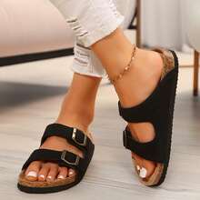 Women Sandals Adjustable Buckle Slip On Cork Footbed Comfortable All Day Wear - 黑色 - 查看 3