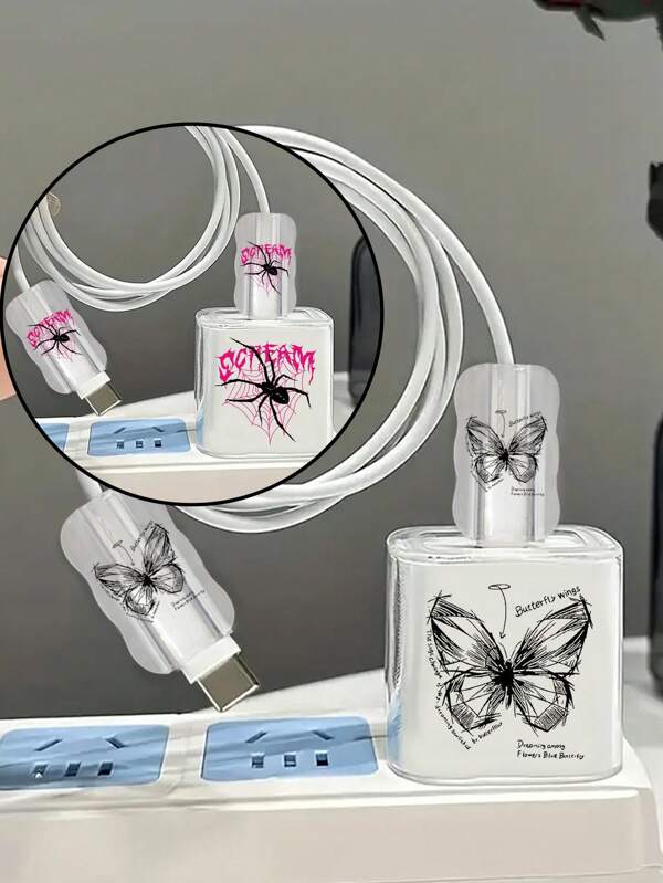Set de 3 fundas protectoras de carga con diseño de mariposa/araña compatibles con cargadores Apple de 18w/20w, protectores de cable a prueba de mordeduras, carcasa suave de TPU