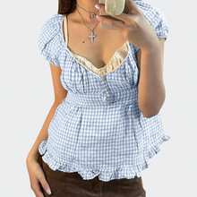 Y2K Fairy Grunge Crop Top For Women Short Sleeve Lace Patchwork Low Cut T-Shirt Aesthetic Slim Fit Cute Babydoll Top Tees Vintage Fairy Grunge T-Shirt Aesthetic Harajuku 90s Streetwear - 藍色 - 查看 1