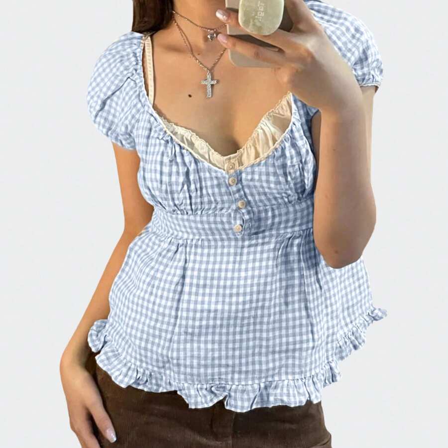 Y2K Fairy Grunge Crop Top For Women Short Sleeve Lace Patchwork Low Cut T-Shirt Aesthetic Slim Fit Cute Babydoll Top Tees Vintage Fairy Grunge T-Shirt Aesthetic Harajuku 90s Streetwear - 藍色 - 查看 1