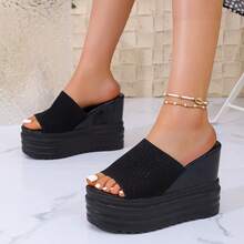 نعال كعب عريض وسميك 12 سم كعب مرتفع مفتوح للسيدات، شرائط معالجة مقاومة للماء بلون أسود - الأسود - مشاهدة 6