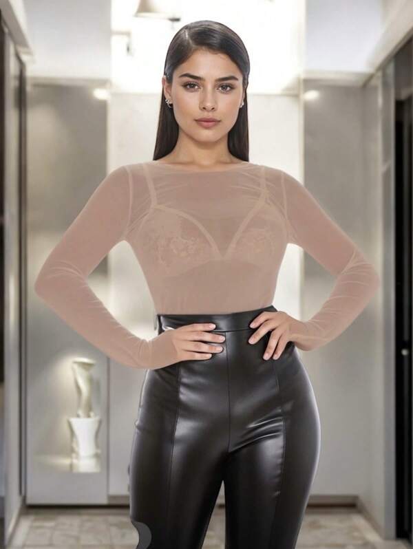 Blusa Transparente de Cuello Redondo con Manga Larga para Mujer