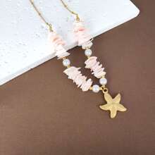 1pc Stainless Steel Gold-Color Chain Natural Stone Beaded Necklace, Suitable For Women Traveling And Vacation Wear