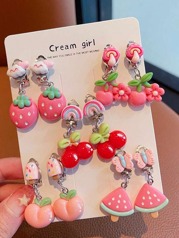 Set de 10 pendientes de clip lindos para adolescentes, pendientes rosas, princesa, pendientes falsos sin perforación indoloros para niñas adolescentes, uso diario adorable, pendientes con colgante de princesa - regalo de Halloween, Año Nuevo para adolescentes, sin tarjeta