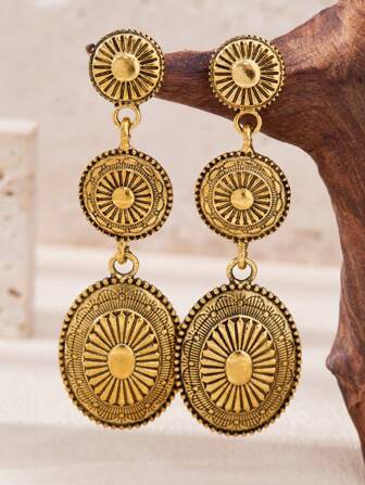 LUMIDIYA 1 Pair Cowgirl Western Retro Boho Geometric Totem Engraved Metal Alloy Dangle Earrings, Summer Style Earrings For Women