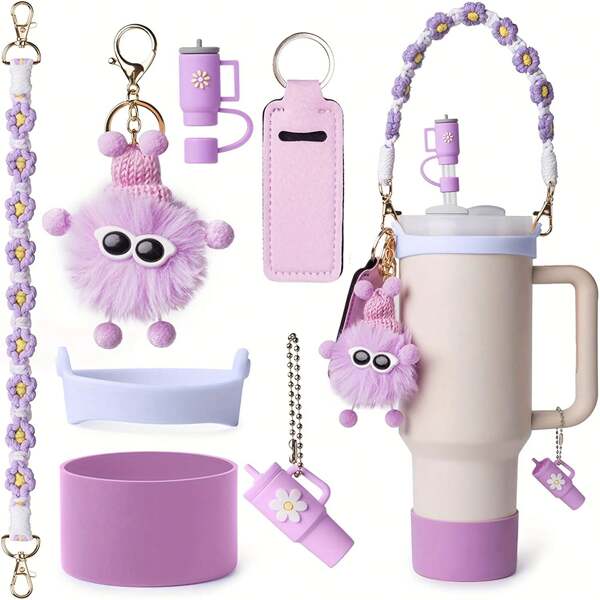 7 piezas de accesorios para la Copa : correa para asa de botella de agua, protector de silicona para taza, soporte para lápiz labial, dijes de llavero y dijes para asa, accesorios de tapa para funda de pajita, compatible con Cup de 40oz/30oz, artículos escolares