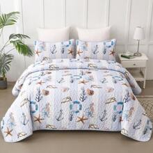 3 Pcs Coastal Bed Quilt Set Queen/King Size - Dark Blue Summer Nautical Beach Theme Quilted Blanket Thin Reversible Microfiber Bedding Lightweight Soft Bedspread Coverlet Sets For All Season, Room Decor (1 Quilt, 2 Pillow Shams)