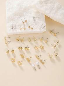 20pcs/Set Elegant Metal Faux Pearl Earring Studs Assortment, Including Heart, Star, Flower, Rhinestone, Leaf, Bow Designs, Fashion Jewelry Gifts For Women, Suitable For Casual Everyday Wear