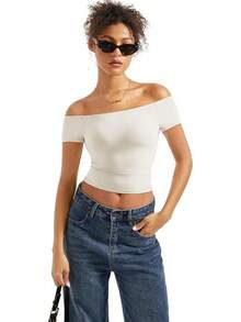 Tops de hombros descubiertos con doble línea para mujer, camisas básicas ajustadas para salir - PERLA - Ver 5