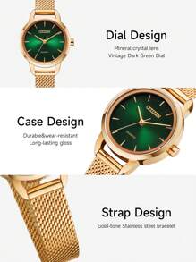 CITIZEN Montre à quartz pour femmes, montre analogique avec bracelet en acier inoxydable doré rose, montre habillée décontractée pour femmes, boîtier de 26 mm avec cadran vert EQ3003-50W