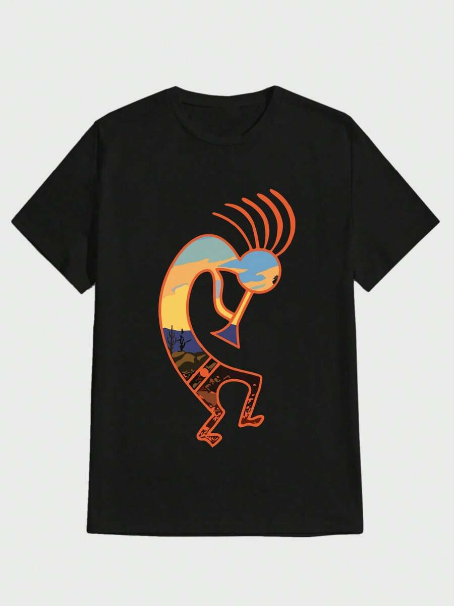 Para hombre,Estampado con figura de Kokopelli,Camiseta casual de cuello redondo y manga corta con estampado,adecuada para uso diario en primavera y verano,unisex - Negro - Ver 1