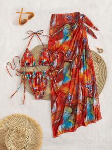 3pcs Women's Sexy Floral Print Bikini Set With Tie-Up Back And Mesh Skirt, Summer