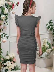 Charming Ruched Square Neck Snug Fit Dress For Girls, Spring/Summer Party Casual Dresses Gift - Grey - View 2