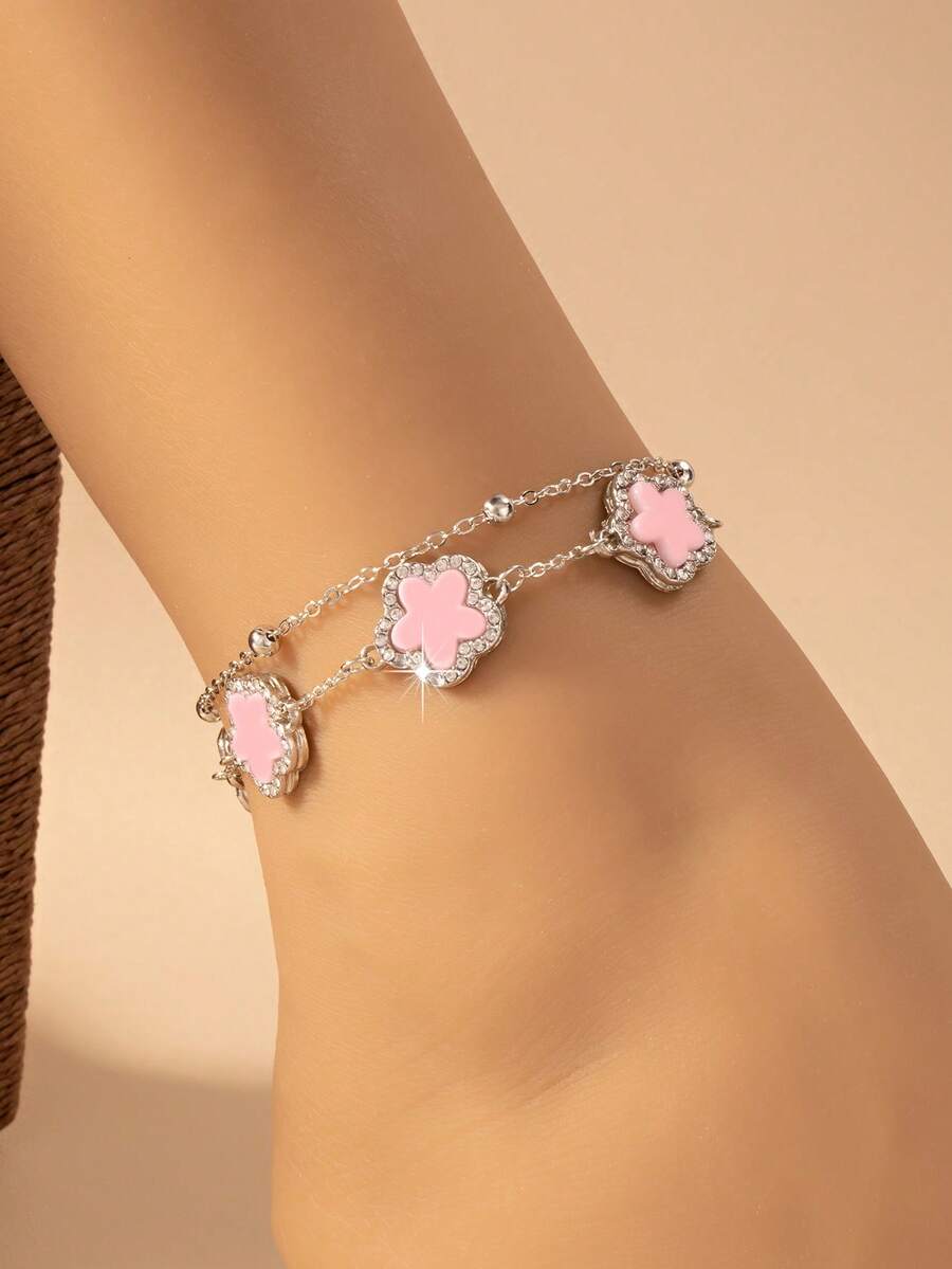 1pc Five Petal Flower Style Double Layer Anklet With Random Beads, Fashion Beach Style, Women Holiday Gift - Pink - View 1