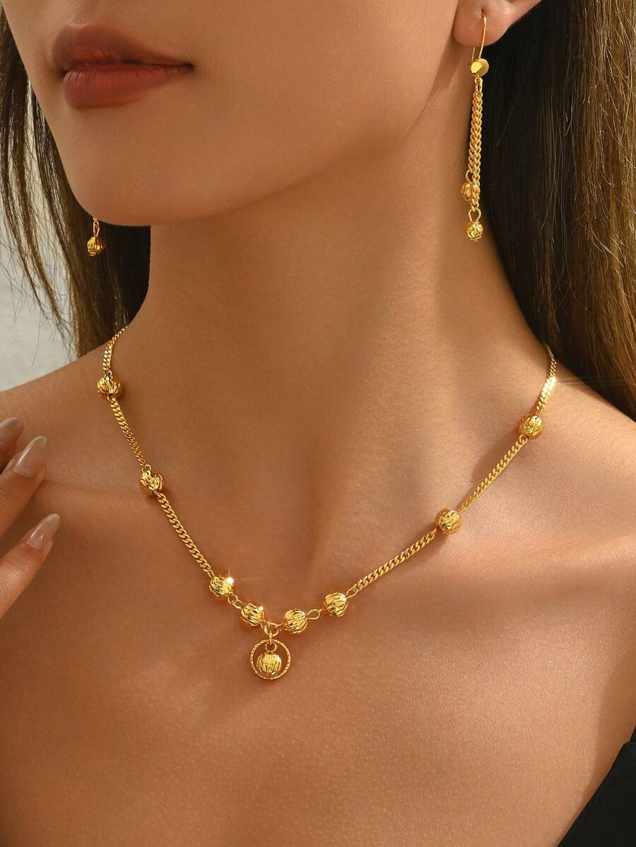 3 件套镀金几何串珠设计项链和耳环套装，适合女士派对、订婚佩戴 - 金色 - 查看 1