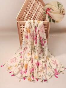 1 件女士时尚花卉图案优雅流苏针织围巾/披肩，适合海滩、旅行、派对