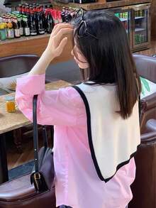 1 件女式针织斗篷，拼布 V 领前系带披肩，户外时尚女士围巾 - 白色 - 查看 4