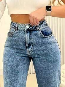 Jeans de tiro alto y pierna recta con bolsillos, de corte holgado y versátil para mujer