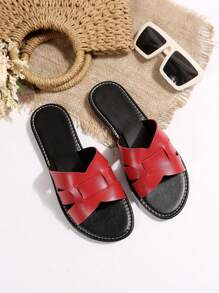 New Plus Size Women Comfy Minimalist Round Toe Hollow Out Flat Slides Sandals, Casual Fashion Open Toe Beach Shoes For Summer