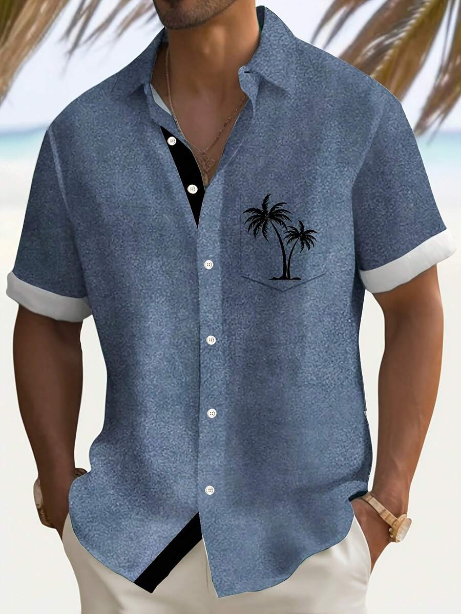 Plus Size Men's Casual Holiday Palm Tree Print Button-Up Shirt, 016 Blue - Blue - View 1