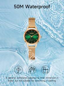 CITIZEN Montre à quartz pour femmes, montre analogique avec bracelet en acier inoxydable doré rose, montre habillée décontractée pour femmes, boîtier de 26 mm avec cadran vert EQ3003-50W