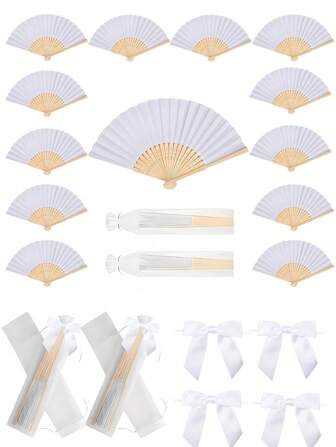 36/18pcs Wedding Handheld Paper Fan Set, White Folding Hand Fan With Tulle Bag And Bow, Wedding Favor, DIY Fun Gift, Home Decoration, Suitable For Wedding Bridal Favor, Bridesmaid Gift, Holiday Necessities, Wedding Gift, Teacher Gift, Bachelor Party, Wedding Gift, Teacher Appreciation Gift, Room Decoration