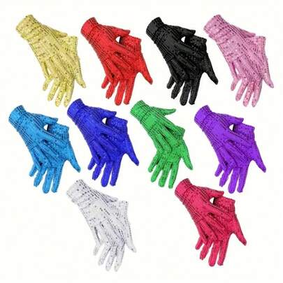 1 Pair Shiny Sequin Gloves - Available In Multiple Colors, Lightweight & Comfortable, Suitable For Halloween Costumes, Dance Gloves, Role Play, Stage Performance, Parties, Festivals, Stylish, Durable Structure, Fashion Accessory, Party Decor, Glow-In-The-Dark Effect, Non-Slip Grip, Easy To Clean, Breathable, Reusable