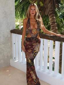 Women's Summer Fashion Elegant Tie Dye Mesh See Through Printed Halter Backless Slit Embellished Maxi Long Dress Beach Vacation Holiday Cover Up Dress Sexy Clothes