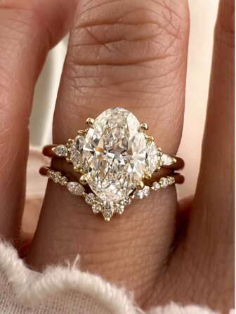 2 件套时尚奢华 S925 纯银椭圆形锆石和 V 形密镶钻石戒指，适合女士珠宝、订婚、婚礼、派对、节日、日常佩戴、礼物