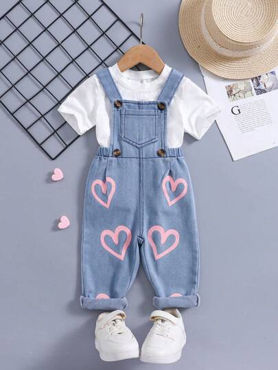 1pc New Design Baby Girls Heart Print Casual Denim Overalls