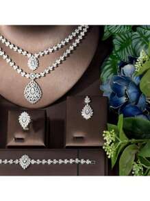 1 Set Vintage Katzenauge eleganter zweistufiger Halsketten-Anhänger, Ohrringe, Armband Schmuck Kleider Accessoires für Frauen, geeignet als Braut, Hochzeits, Jahrestags Geschenk, für Party und Abschlussball
