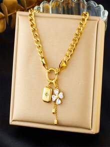 1 Gold-Plated Stainless Steel Diamond Inlaid Transparent Five Petal Flower Pendant, Square Three-Dimensional Star Shaped Accessory Chain, Stainless Steel Necklace Bracelet Set - Flowers - View 15