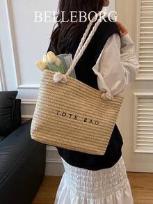 休闲度假大容量草编托特包，别致优雅的女士单肩手提包 - 黑色 - 查看 9