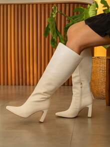 Womens Gothic Knee High Boots Square Toe Cowboy Boot Chunky High Heel Long Boot With Side Zipper Pull On Comfy Fashion Dressy Slip On Party Shoes Wedding Cosplay Work Elegant Casual Tall Riding Booties Elegant Valentines Day Gifts Cold Weather Warm Winter White Boots For Women - 白色 - 查看 7