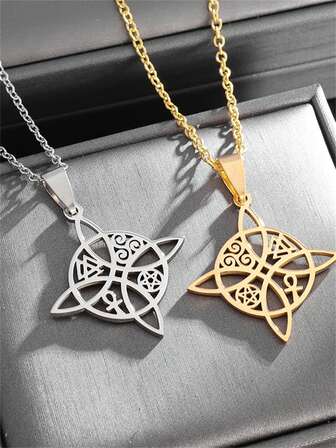 1 pieza Collar colgante de nudo de bruja elegante, amuleto de estrella de pentágono de acero inoxidable, regalo de suerte para hombres y mujeres