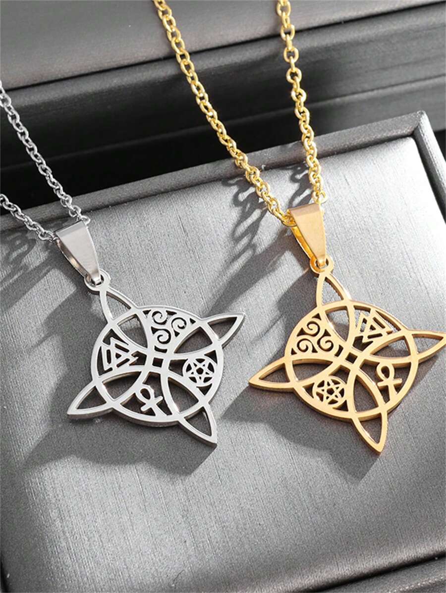 1 Stück modischer Charm Hexen-Knoten Halsketten-Anhänger, Edelstahl Pentagramm Amulett Schmuck, Glücksbringend als Geschenk für Männer & Frauen