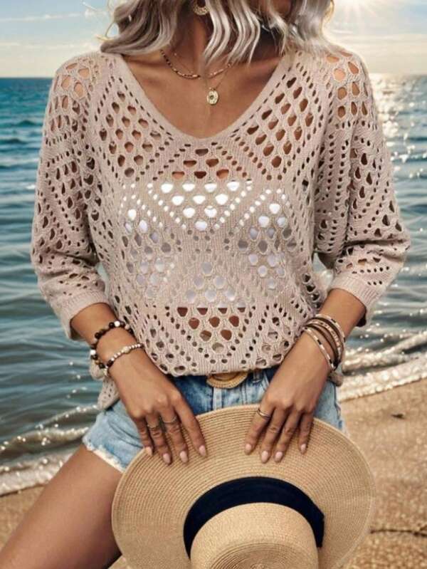 1 pièce Top décontracté à manches chauve-souris en crochet, couleur unie pour les vacances à la plage, printemps/été