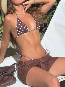 Women's Sexy Polka Dot Print Bikini Cute Knotted Beach Holiday Swimsuit Set, Summer - Multicolor - View 3