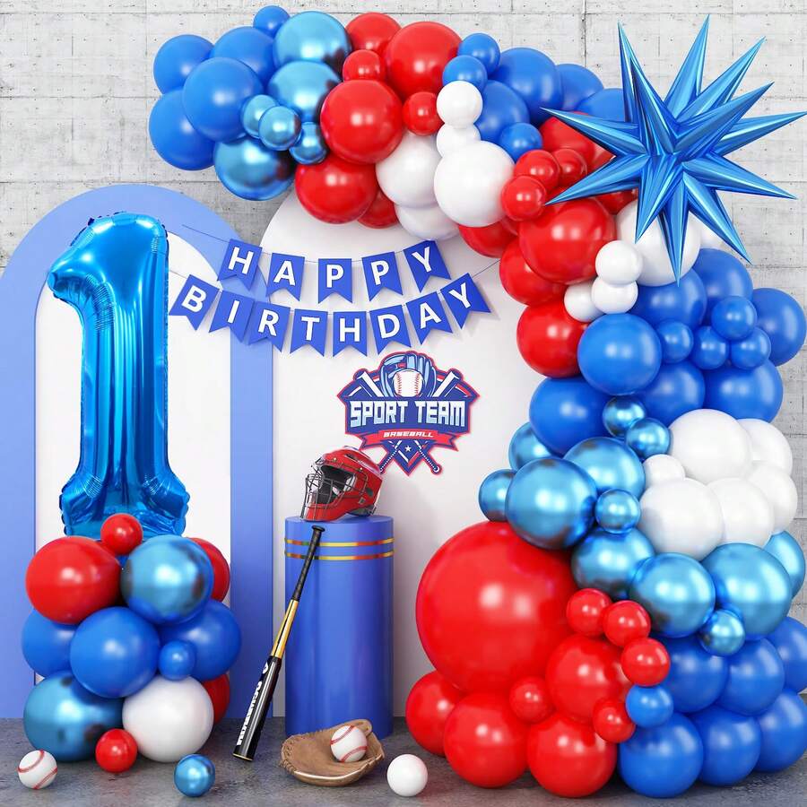 Decoraciones para fiesta de cumpleaños de deportes/béisbol: Arcos de globos en azul marino, rojo y blanco, globos de número 32" en azul marino, guirnaldas de borlas, apropiado para decoraciones de fiesta de cumpleaños con tema de béisbol