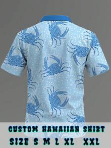 Summer Men Custom Photo Hawaiian Beach Shirt Tops, 3D Mosaic Art Crab Printing Short Sleeve Vacation Top, Unisex Fashion Beach Wear Birthday Gift Holiday Gift Anniversary Gift - Blue - View 3