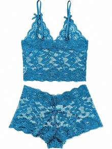 Floral Lace Lingerie Set High Waist Sleepwear Bra And Panty 2 Piece Nightwear 2025 Back-To-School Season Fall Pjs - Turquoise - 查看 5
